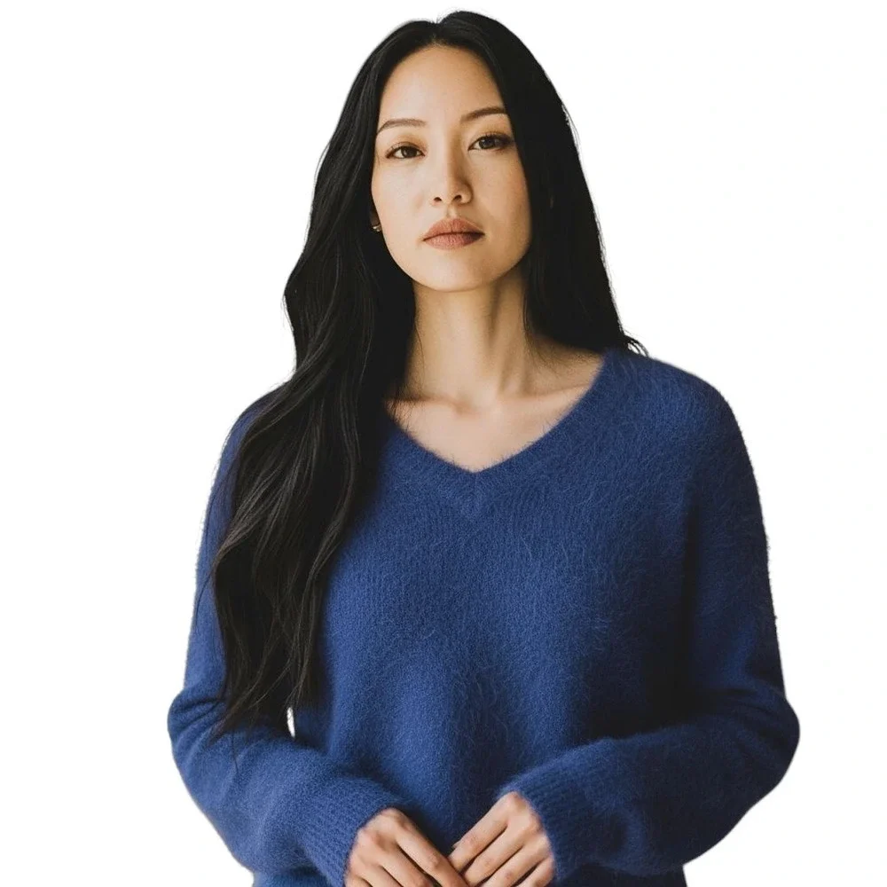 Fuzzy Knit Sweater V Neck Long Sleeve Cobalt Blue‎ Pullover Soft Comfortable